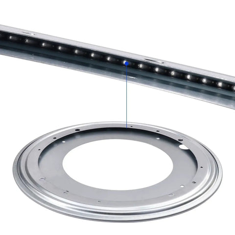 Close-up of Nine Pack 12 Inch Lazy Susan Turntable Bearing Plate Heavy Duty 1000 Pounds Load Capacity Galvanized Steel for rotating use.