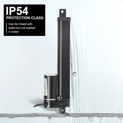 12 Inch 12" High Speed 14mm/s Linear Actuator Motor 1000N DC12V with Mounting Brackets in water showcasing IP54 protection.