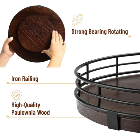 12 Inch Dark Mahogany Lazy Susan Turntable Organizer With Black Metal Frame, showing rotating base and iron railing details.