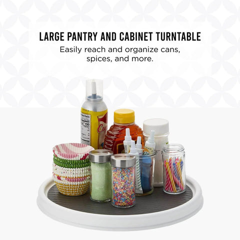 12 Inch Non Skid Pantry Lazy Susan Turntable, White and Gray Rotating Organizer with Rimmed Edge holding condiments and craft items