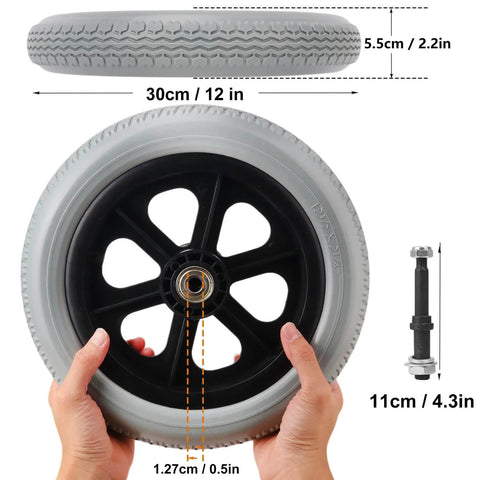 2 Pack 12 Inch Solid Plastic Spoked Wheelchair Replacement Wheels with Hard Rubber Tires, 0.5 Inch Shaft Aperture