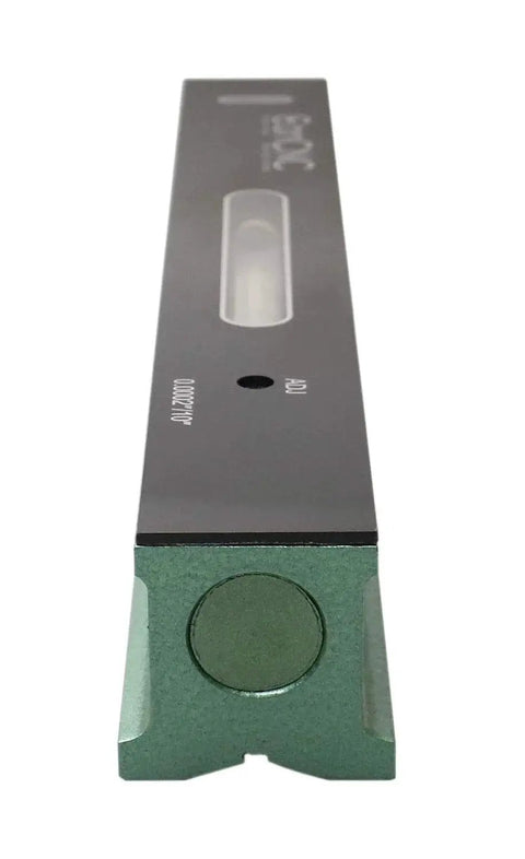 12 Inch Professional Master Precision Level With V Groove Base And Adjustable Main Vial Delivers 0.0002 In Per 10 In Accuracy, Includes Cross Vial, Insulating Grip, ANSI Standard, Rugged Cast Iron Construction In Fitted Box By Accusize Industrial Tools, front view close-up.