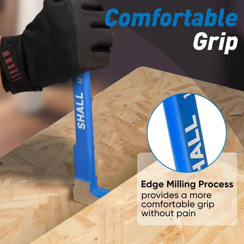 Versatile 4 Piece Pry Bar Set with a 12 inch cat's paw nail puller in use on a wooden surface, focusing on comfortable grip feature.