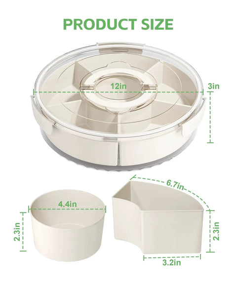 Divided Rotating Serving Tray With Lid And Handle 12 Inch Clear Lazy Susan Organizer showing size and compartments