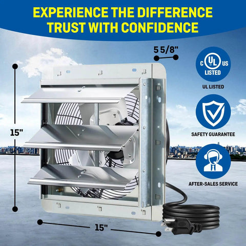 Side view of Beefy 12 Inch Wall Mounted Shutter Exhaust Fan With Automatic Shutter Built In Thermostat And Variable Speed Controller 960 CFM 0.6A Covers Up To 1400 Sq Ft Heavy Duty Silver Ventilation For Garage And Shop showing dimensions.
