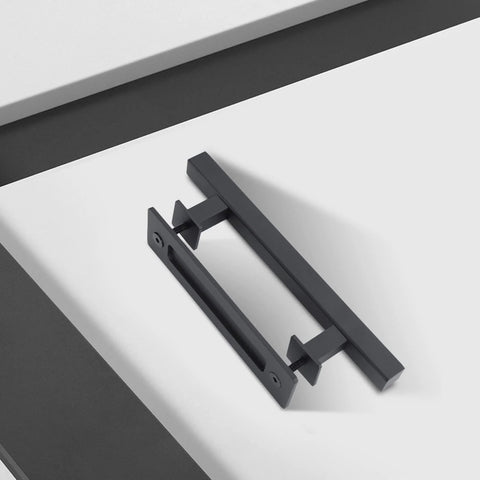 12 inch sliding barn door handles and pulls double sided hardware set with matte black powder coated finish, shown on white background