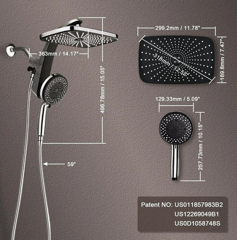 High Pressure Rain Shower Head With Magnetic Detachable Handheld Combo, Fixed Showerhead And 10 Sprays, dimensions shown