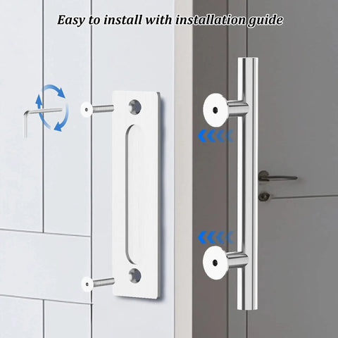 12 Inch Sliding Barn Door Handles Pair In Stainless Steel, Heavy Duty Two-Side Door Pulls With Finger Pull, installed on a door