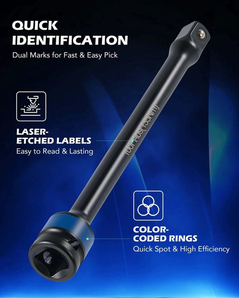 1/2 Inch Drive Torque Limiting Extension Bar, 150 ft-lb, Black, Chromoly Steel with laser-etched labels and color-coded rings