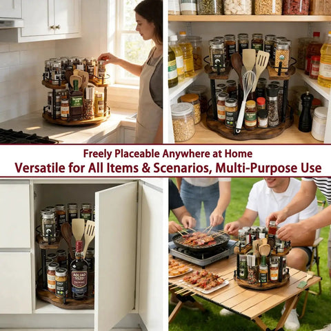 12 Inch Wood Lazy Susan Organizer for Cabinet With Double Layer Rotating Design and Plum Blossom Shape; kitchen use scenarios.