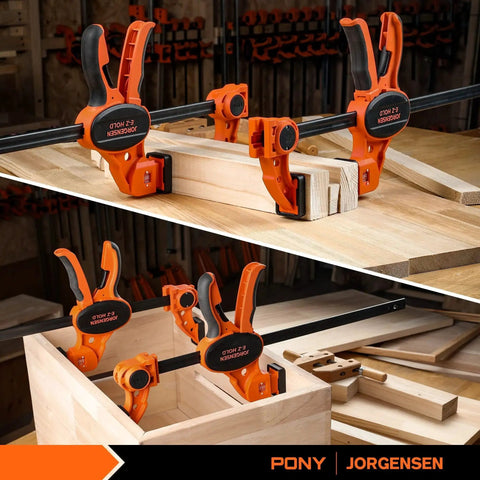Heavy Duty Woodworking Bar Clamps 12 Inch One Handed Quick Grip Clamp Set Two Pack With 300 Lb Load Limit Indicator And Spreader Function EZ Hold F Style Clamps Jorgensen For Woodworking Projects And Cabinet Making used in shop.
