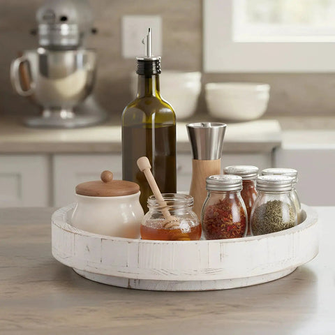 12 Inch Wood Lazy Susan Turntable Organizer on kitchen counter holding spices, oil, and condiments; rustic farmhouse decor style.