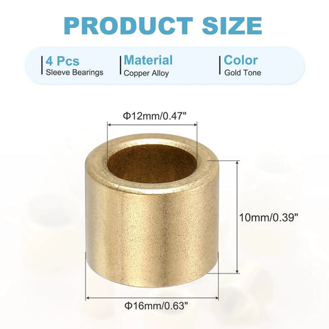 Self-Lubricating Cast Brass Sleeve Bearings 12mm Bore x 16mm OD x 10mm Length Pack of 4 Gold Tone Plain Shaft Bearings measurements