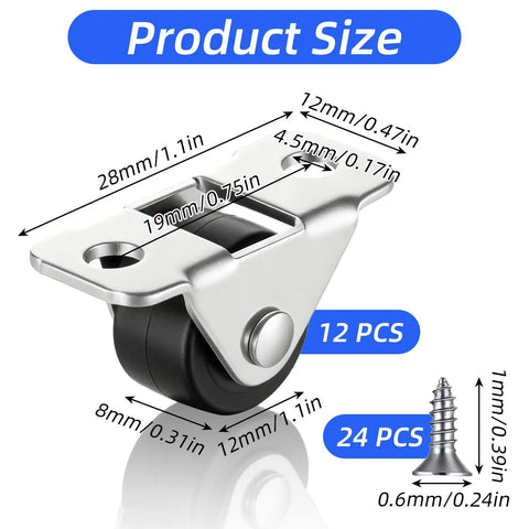 12 Pcs Half Inch Fixed Small Caster Wheels Low Profile Rigid Mini Wheels Set With Mounting Screws For Small Furniture Appliances Sliding Doors And DIY Projects High Load Bearing Capacity