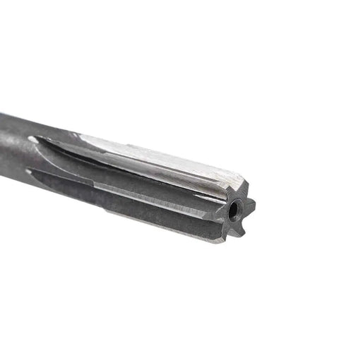 Close-up view of 12mm HSS Chucking Reamer for Lathe Machining, 6 straight flutes, showing round shank, 4.92 inch overall length