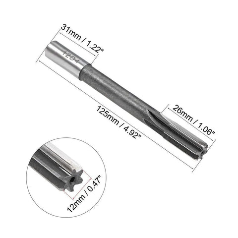 12mm HSS Chucking Reamer for Lathe Machining, 6 straight flutes, round shank, 4.92 inch overall length, metal drill bit dimensions shown