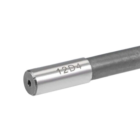 12mm HSS Chucking Reamer for Lathe Machining, 6 Straight Flutes, Round Shank, close-up view of the tip and markings