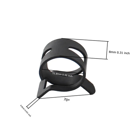Close-up of a 12mm spring band clamp made of durable 65Mn steel, showing dimensions, smooth interior, 8mm wide.