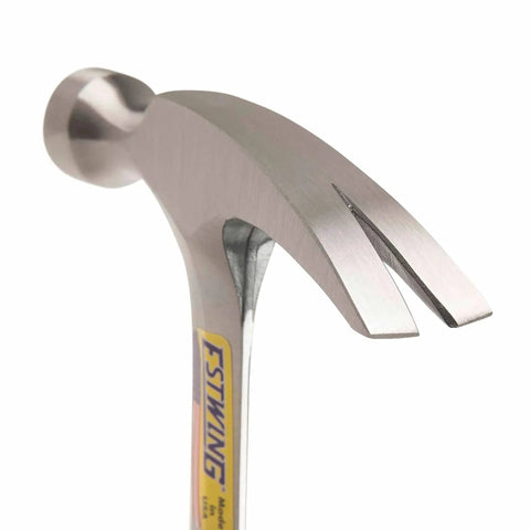 12 Oz Straight Rip Claw Hammer With Smooth Face And Genuine Leather Grip For Framing Carpentry Demolition And Woodworking Made In USA From Forged Steel Pro Grade Hand Tool For Precision Strikes And Durable Performance, close-up view showing claw and handle.