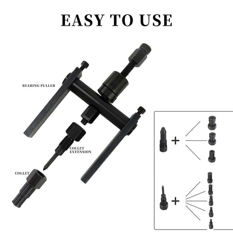 12pcs Blind Hole Bearing Puller Set Internal Bearing Extractor Puller Kit with Expanding Collet shown with components and usage diagram