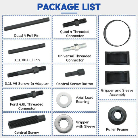 Power Steering Pulley Puller And Installer Kit 12 Piece All In One Universal Tool Set with various connectors and screws.