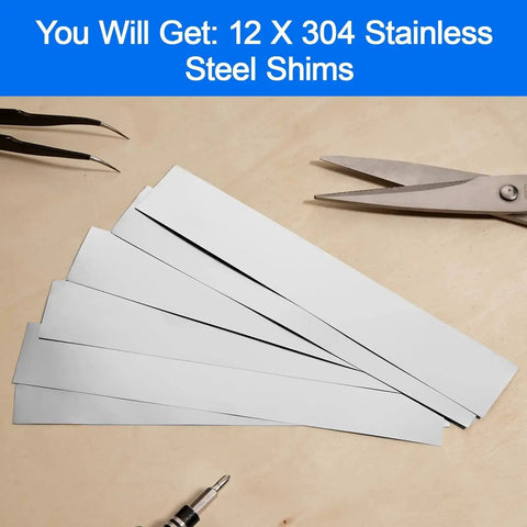 12 Piece 304 Stainless Steel Shim Stock Set With 1 Inch Wide By 6 Inch Long Shims In Thicknesses 0.001 0.0015 0.002 0.003 0.004 0.005 Inch For Precise Fits Easy Machining And Rust Resistant Gasket Or Fabrication Projects displayed on a wooden surface with tools.