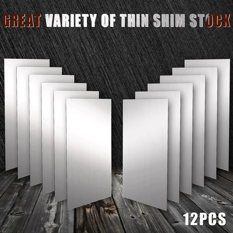 12 Piece Stainless Steel Shim Stock Kit, 2.5 x 6 Inch, for leveling and spacing, various thicknesses, automotive and DIY projects.