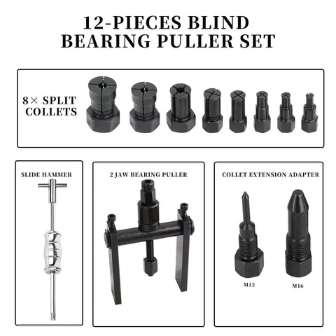 12pcs Blind Hole Bearing Puller Set Internal Bearing Extractor Puller Kit with slide hammer, split collets, and accessories
