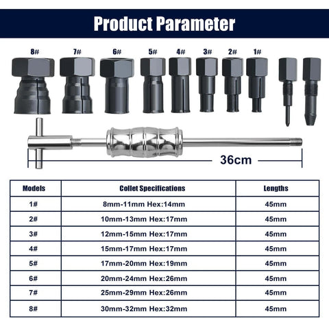 12pcs Blind Hole Collet Bearing Puller Set, Internal Bearing Extractor Puller Kit with expandable collets and specifications chart