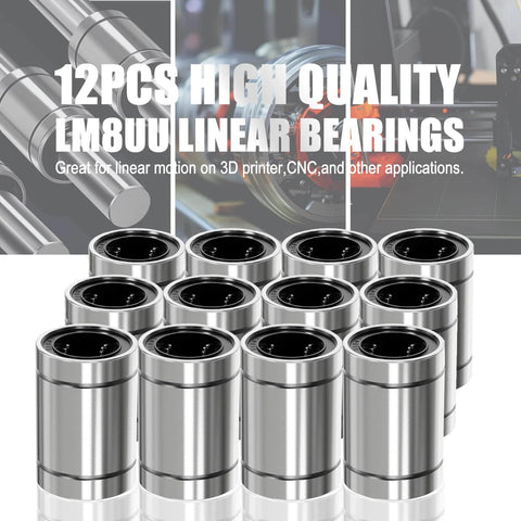 12Pcs LM8UU Linear Ball Bearings: 8mm Bore, 15mm OD, 24mm Length, Double Rubber Seals displayed in packaging for CNC and 3D printer use