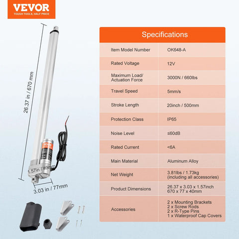 VEVOR 12V linear actuator, IP65 waterproof, 670mm length with 500mm stroke; aluminum alloy body with mounting brackets