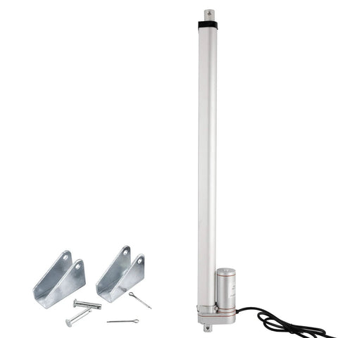Linear actuator with mounting brackets and hardware; silver metal, 20-inch stroke, DC12V.