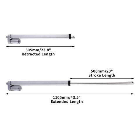 Homend 12V DC linear actuator with mounting bracket; silver metal, 20 in stroke, extended 43.5 in, retracted 23.8 in.