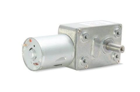 12V 25RPM High Torque DC Motor, Mini JGY 370 Motor Worm Gear with metal housing and worm shaft, side view.