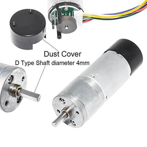 12V DC High Speed 300RPM Gear Motor with Encoder for Arduino and 3D Printers showing dust cover and 4mm diameter shaft.