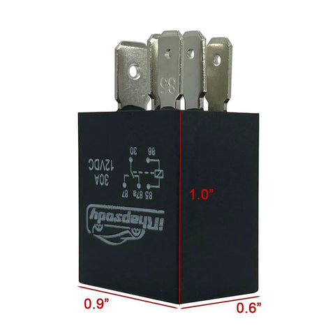 12V 30Amp 5-Pin SPDT Multi-Purpose Starter Relay Kit Plug And Play Auto Electrical Relay, compact black relay shown