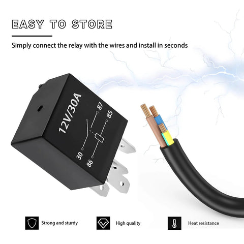 Beefy 4 Pack 4 Pin 12V 30A Heavy Duty Relay Replacement for automotive projects, close-up of black relay and wiring
