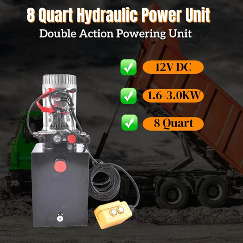 3200 PSI Hydraulic Power Unit, 12V DC Double Acting Hydraulic Pump with 8 Quart Metal Oil Reservoir for Dump Trailers