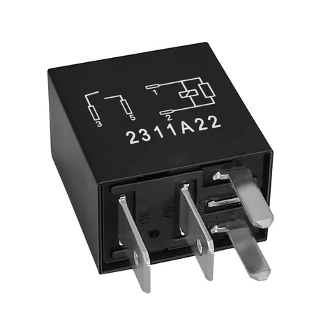Close-up of 12V DC 4 Pin Plug In Automotive Relay Set Of 2 For Ford Vehicles OEM Replacement, 30A Load Rating, metal pins visible