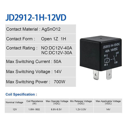 2 Pack 4 Pin 12V Car Relay 40 Amp JD2912-1H-12VDC with specifications and contact material details