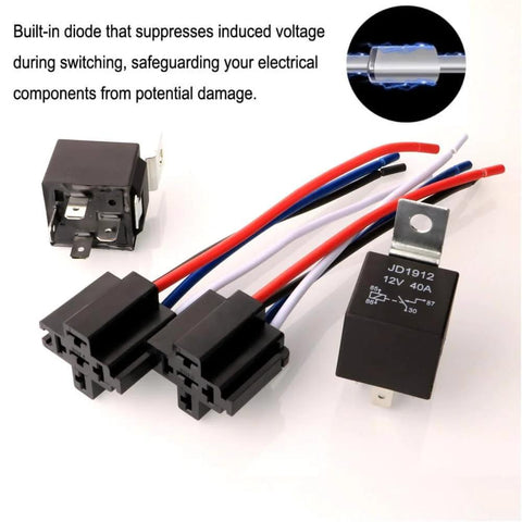 Car Relay Harness 12V 40A SPST 4 Pin With Built In Diode 12AWG Wiring For Automotive Truck Van 2 Pack kit components