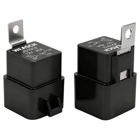 All-Weather 12V 40A Relay Kit With 4 Pin SPST, Heavy Duty Harness And Tinned Copper Wiring, front view of relays
