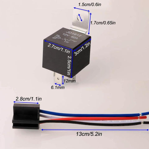 Car Relay Harness 12V 40A SPST 4 Pin With Built In Diode 12AWG Wiring showing dimensions and 2-pack design