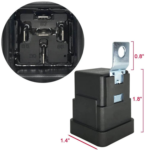 Close-up of a 5-Pack 40/30 Amp 12V DC Waterproof Automotive Relay Kit With Heavy-Duty Pigtail 5-Pin SPDT Relays showing dimensions
