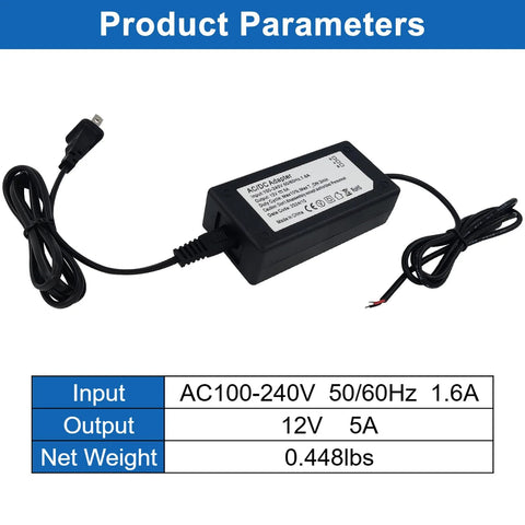 Amazon JQDML AC/DC power adapter, input 100–240V 50/60Hz, output 12V 5A with DC output cable