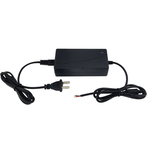 Black AC/DC wall adapter, 12V DC 5A output; has US plug and exposed red/black output leads for actuators or motors