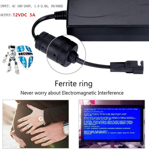 12V DC 5A power supply adapter with ferrite ring for WindyNation linear actuator; black plastic, 6.5 ft extension cable