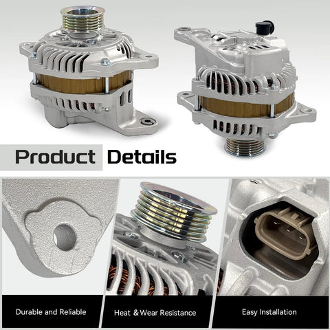 12V 90A Alternator Replacement For Subaru Impreza Forester 2004 2005 2006 2007 2008 2009 2010 With Five Groove Pulley Clockwise Rotation Bolt In Compatible With Saab Nine Two X 2006 High Output Auto Part Ready To Roll, showing front and side views, installation details, heat resistance, connector close-up
