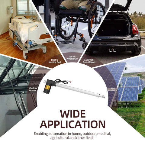 Collage highlighting applications of 12v Actuator Heavy Duty 12v 18 Inch Stroke Electric Actuator 12v Linear Actuator 6000N in various settings.