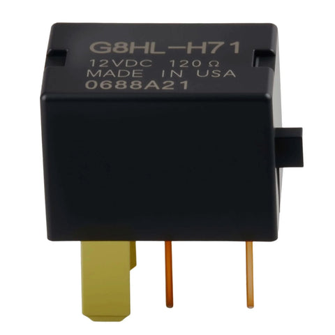 Close-up view of a black G8HL-H71 relay with gold and copper pins, part of the Four Pack 12V DC Automotive Relay Kit G8HL-H71 For AC Compressor And Fan Motor With 39794-SDA-A03 And 39794-SDA-A05 Replacement Compatible With Crosstour CR-V CR-Z Element Insight Odyssey Pilot Acura TL TSX MDX.